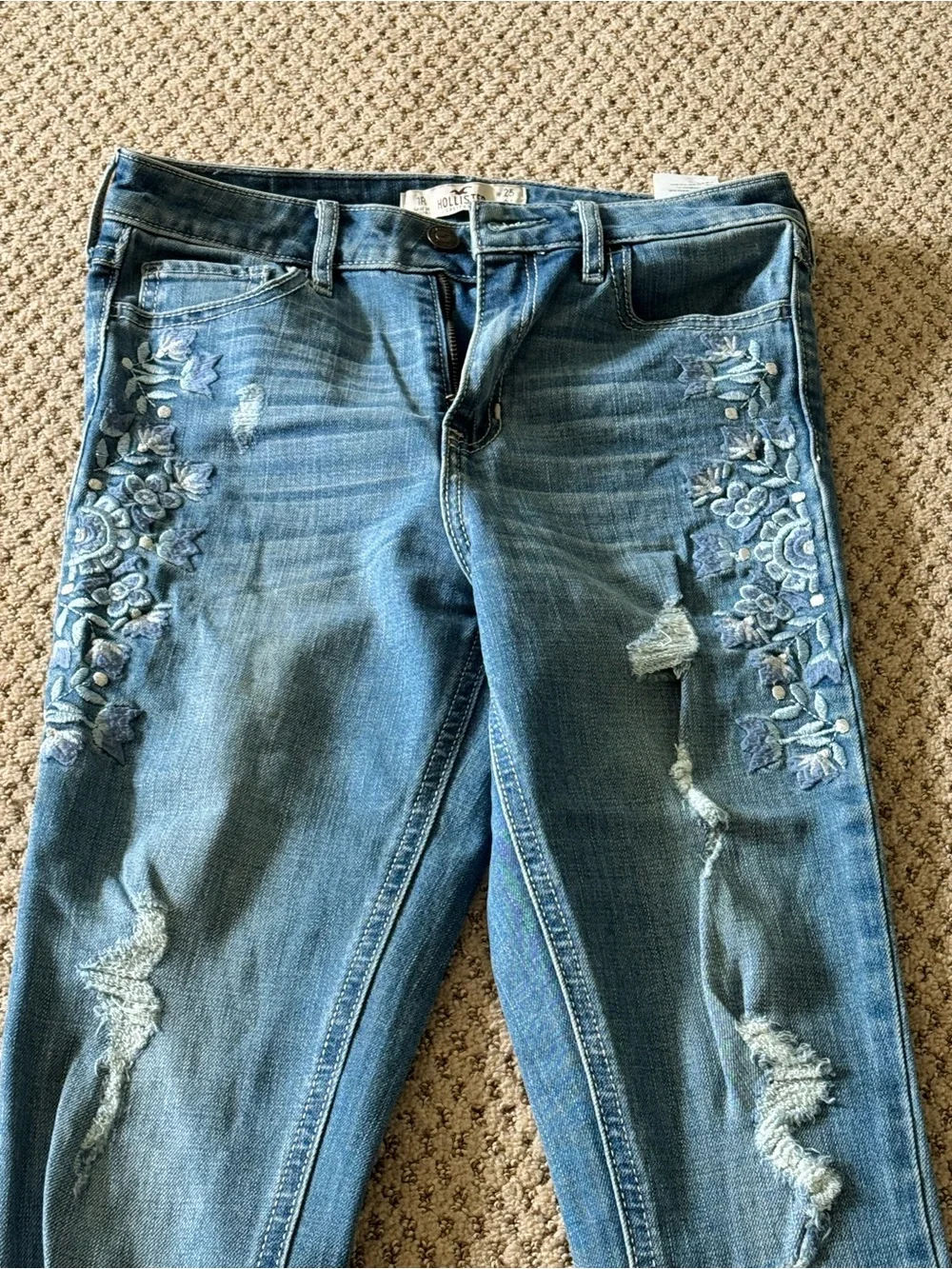 Hollister Blue Embroidered Ripped Skinny Jeans